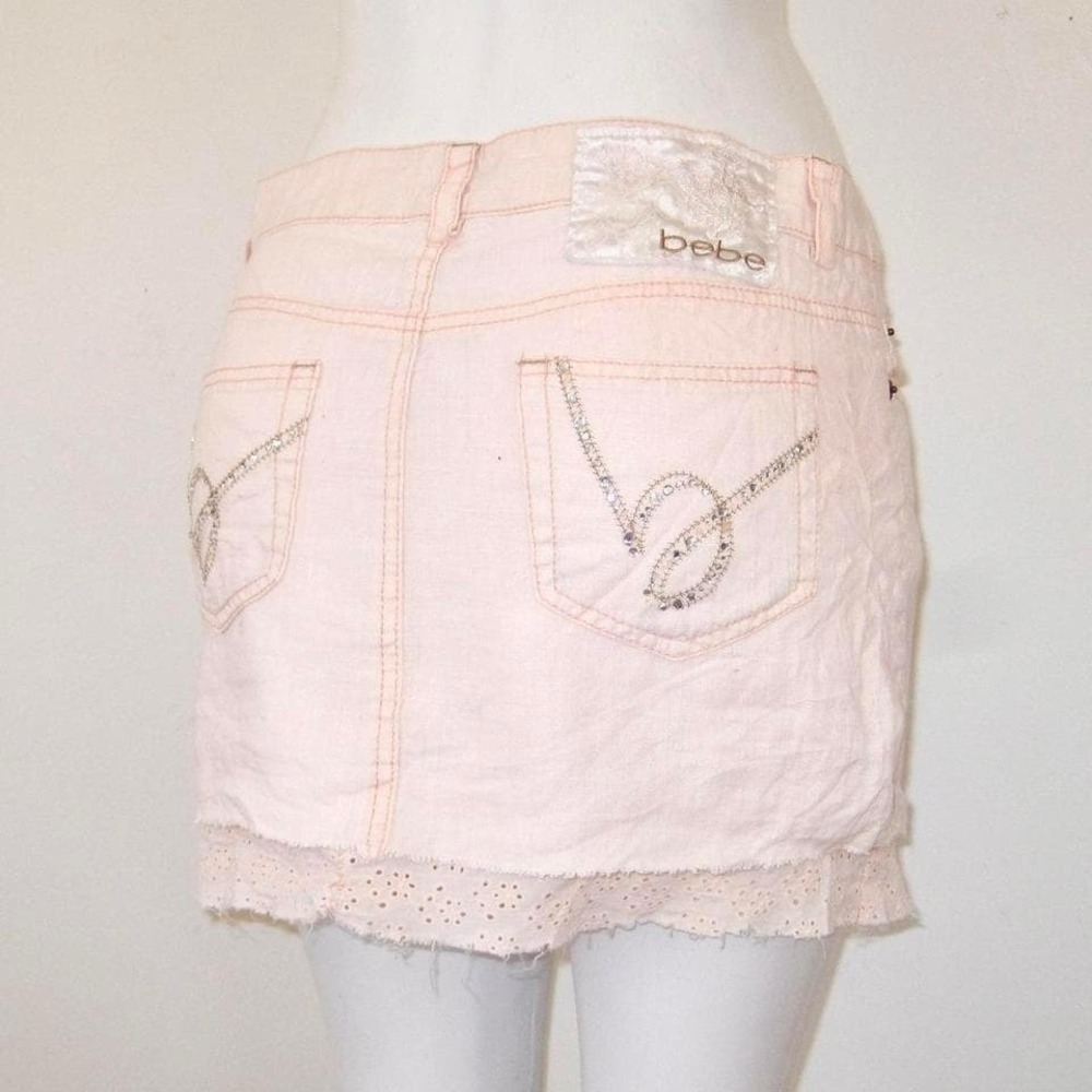 Bebe Pink Denim Mini Skirt with Rhinestone Pocket Detail